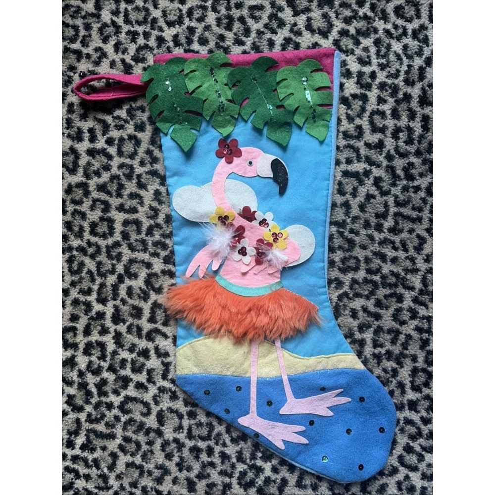 Felt tropical pink flamingo W/ Orange Skirt Bright Applique Christmas stocking
